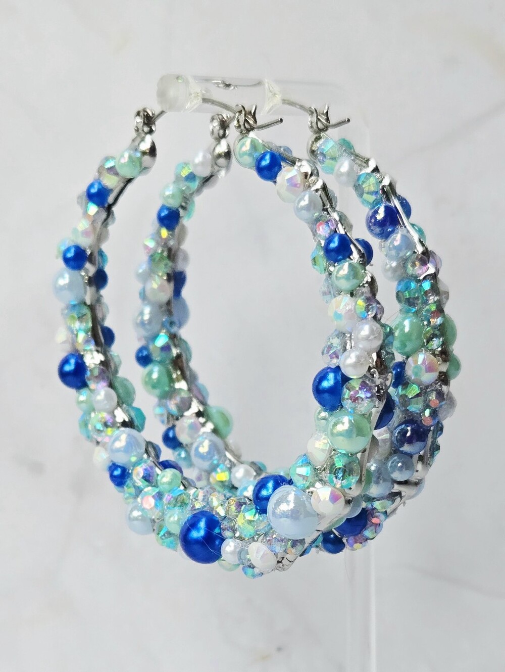 Beaded Hoop Earrings in Blue & Aqua - Women Jewelry